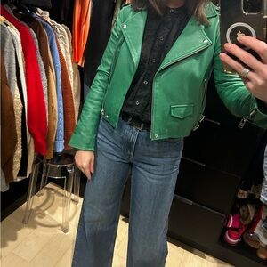 IRO Green Leather Moto Jacket with Silver Hardware
